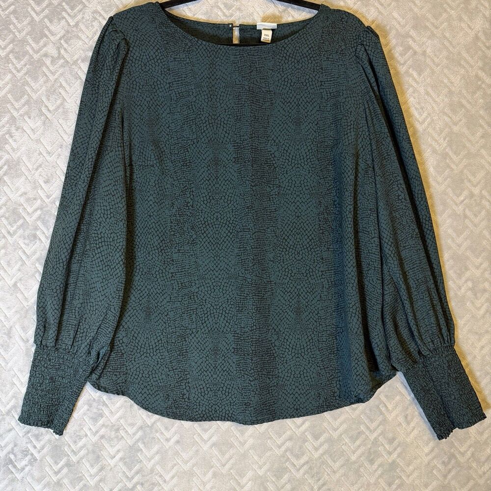 A New Day Women’s XXL Chic Dark Green Snake Print Blouse Smocked Cuffs Balloon